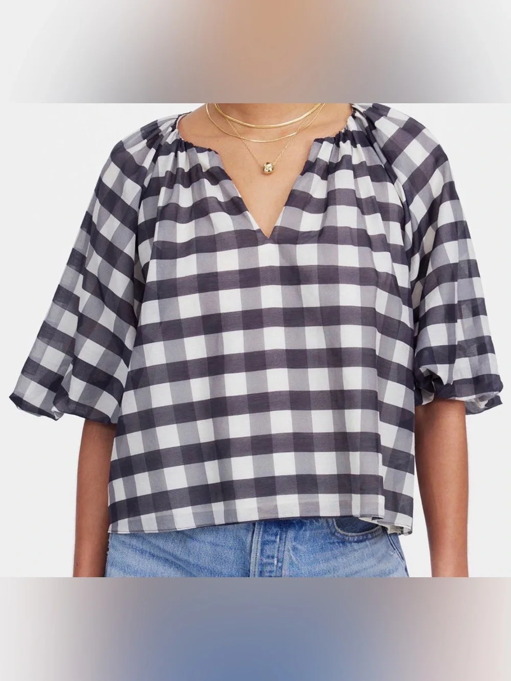 Madewell NWT Gingham Silk Bubble Sleeve Top size O